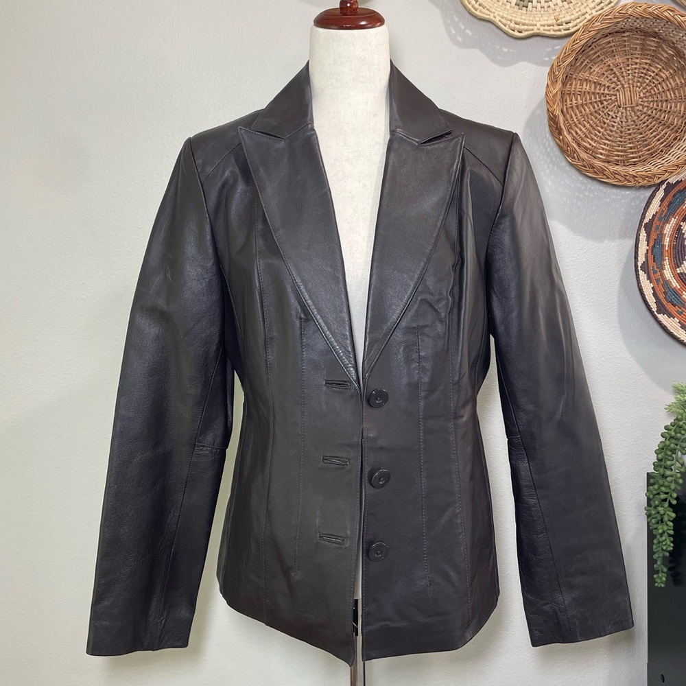 Women’s Y2K Vintage East 5th Brown Leather 3 Button Jacket Coat Size Medium